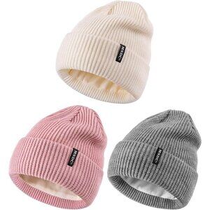 Women Gray+white+pink 3-Pack Winter Beanie Hats Fleece Lined Warm SkullCaps